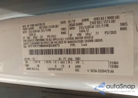 2019 Ford Transit-250 z USA, uszkodzony, nr VIN 1FTYR1YM0KKB34973